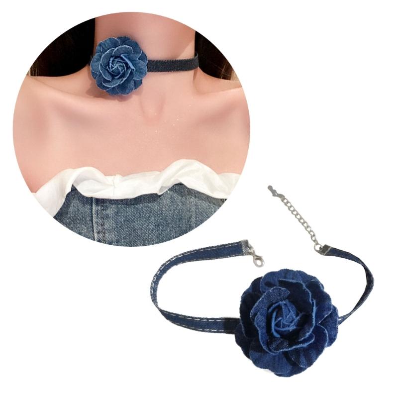 Big Flower Chokers Necklace Vintage Flower Necklace Neck Chain Blue Wide Denim Neckband Statement Jewelry for Womens