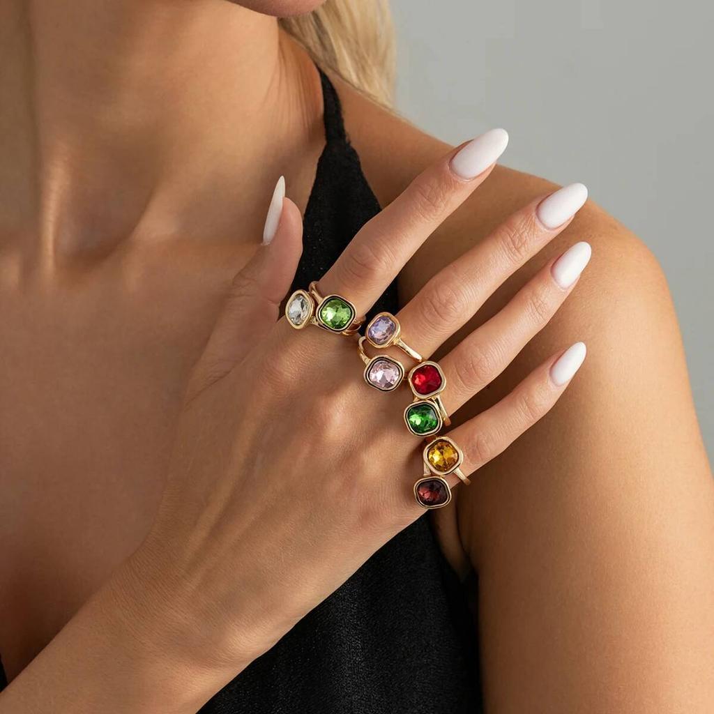 IngeSight.Z Y2K Bohemia 8 Pcs Creative Colorful Acrylic Rhinestone Open Rings Sets Women Fashion Couple Jewelry Accessories New