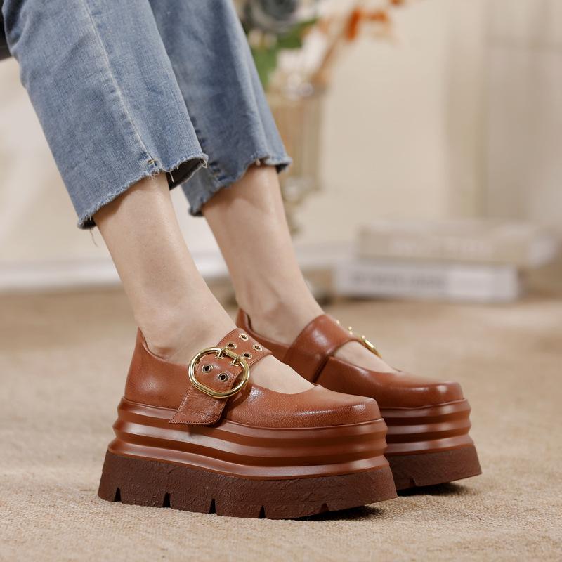 Johnature Vintage Thick Soled Shoes Round Toe Genuine Leather Versatile Four Seasons Women's Shoes