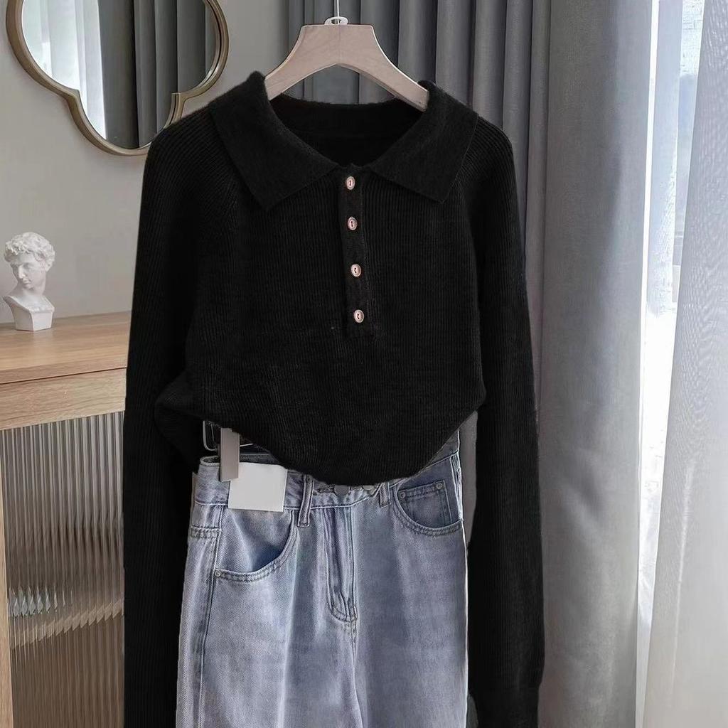 Retro Polo Collar Sweater for Women Autumn Winter New Pullover Soft Casual Sense Sweater Female