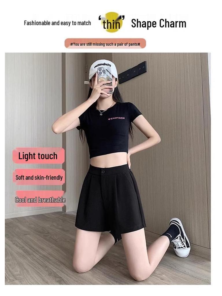 Women's 2024 French A-Line Black Summer Shorts - High Waist, Thin, Loose, Wide-Leg Design