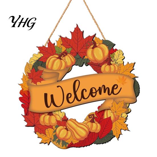 Outdoor Farmhouse Seasonal Decoration Harvest Festival Welcome Sign for Front Door, Rustic Wooden Hanging Autumn with Hemp Rope, Pumpkin Plaque