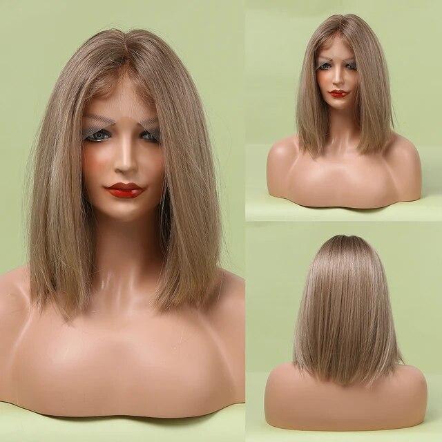 Shoulder Length Straight Lace Wigs Brown Dark Roots Silky Party Synthetic Hair Natural Soft Daily Wigs for Women Heat Resistant