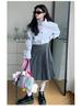2025 Girls' Mid-Length Pleated Skirt with Bow & Metal Logo - Spring & Autumn Wear