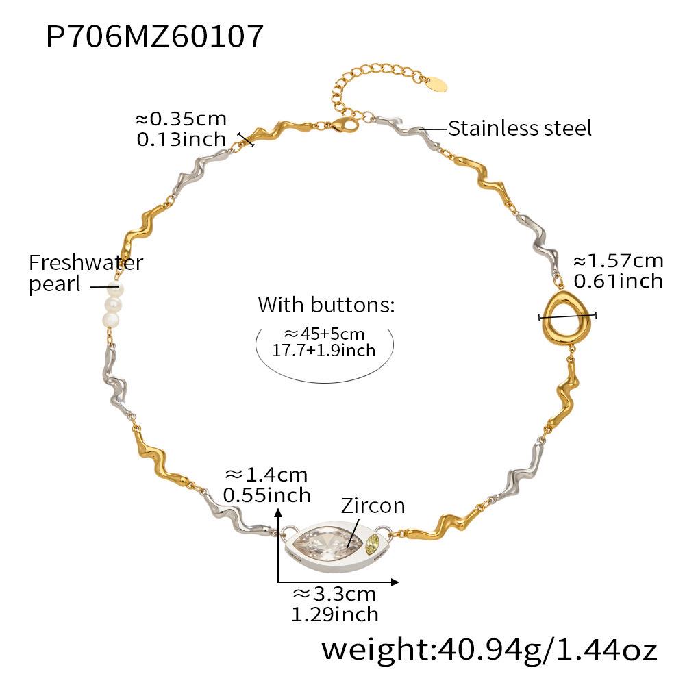 European & American Oval Cut Zircon Pendant with Natural Freshwater Pearl Texture on Stainless Steel Clavicle Necklace
