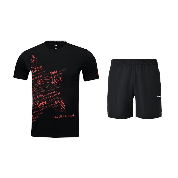 

Li-Ning Letter Print Quick-Dry Round Neck Short Sleeve T-Shirt Skin-Friendly Cool Straight Leg Shorts Casual Sports Set AHSV047-1+AKSU789-3 S
