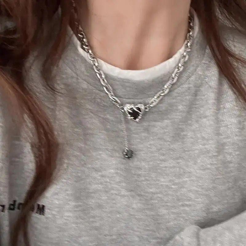 Lava Black Love Necklace Women's Sweet Cool Versatile Personality Sweater Chain High Design Personality Sweater Chain Men