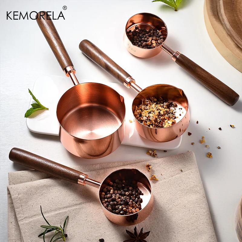 4PCS Measuring Spoon Set Wooden Handle Stainless Steel Measuring Cups Spoons Baking Tools Coffee Bartending Kitchen Accessories