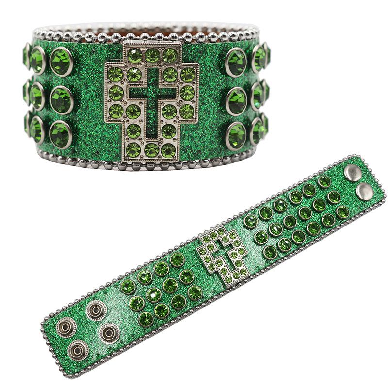 

Европейские и американские модные браслеты с крестообразными вставками из бриллиантов и стразов, персонализированные браслеты из ПУ кожи