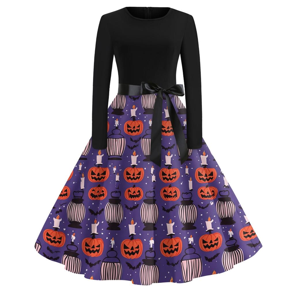 Women's Casual Halloween Print Dress Long Sleeve Round Neck Vintage Style Midi Dress with Waist Tie for Seasonal Festive Wear