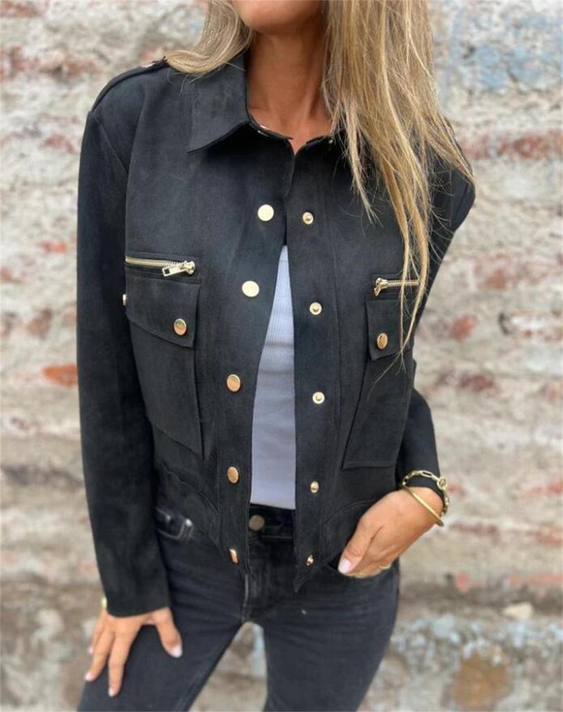 Women Cropped Suede Jacket Lapel Long Sleeve Cargo Pocket Button Zipper Casual Outerwear G399#