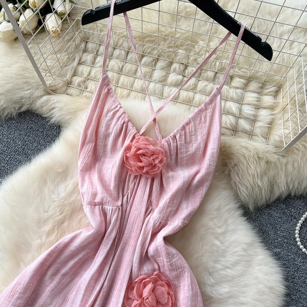 Rochie de vară Fairycore Beachwear Femei Gât în ​​V 3D Floare Chic Vacanță A Line Rochie lungă cu bretele spaghete fără spate