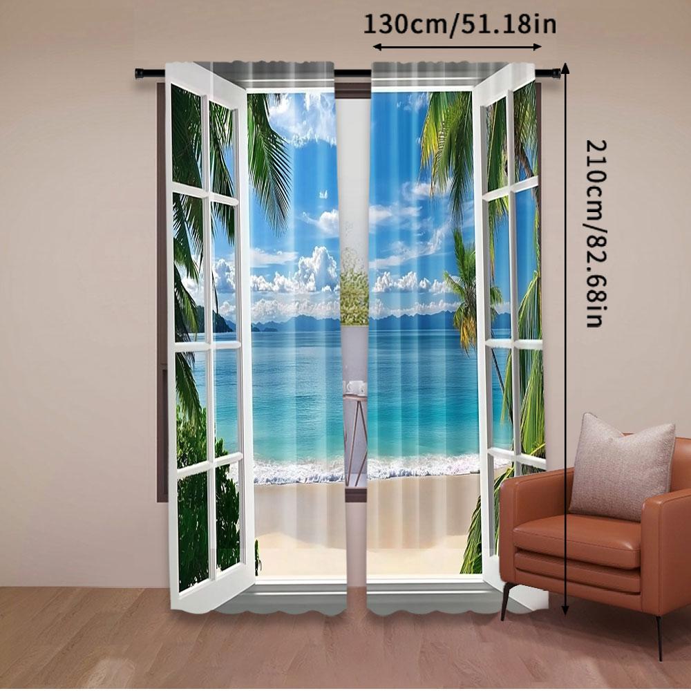 2Pcs Coastal Chic Beach Pattern Curtains Suitable For Bedroom Bathroom Living Room Dining Room Study Room Office A