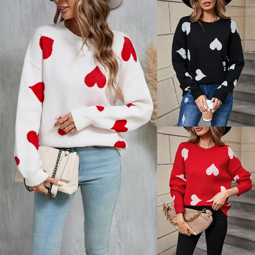 Women's Casual Fashion Round Neck Heart Sweater Knitted Bottoming Shirt