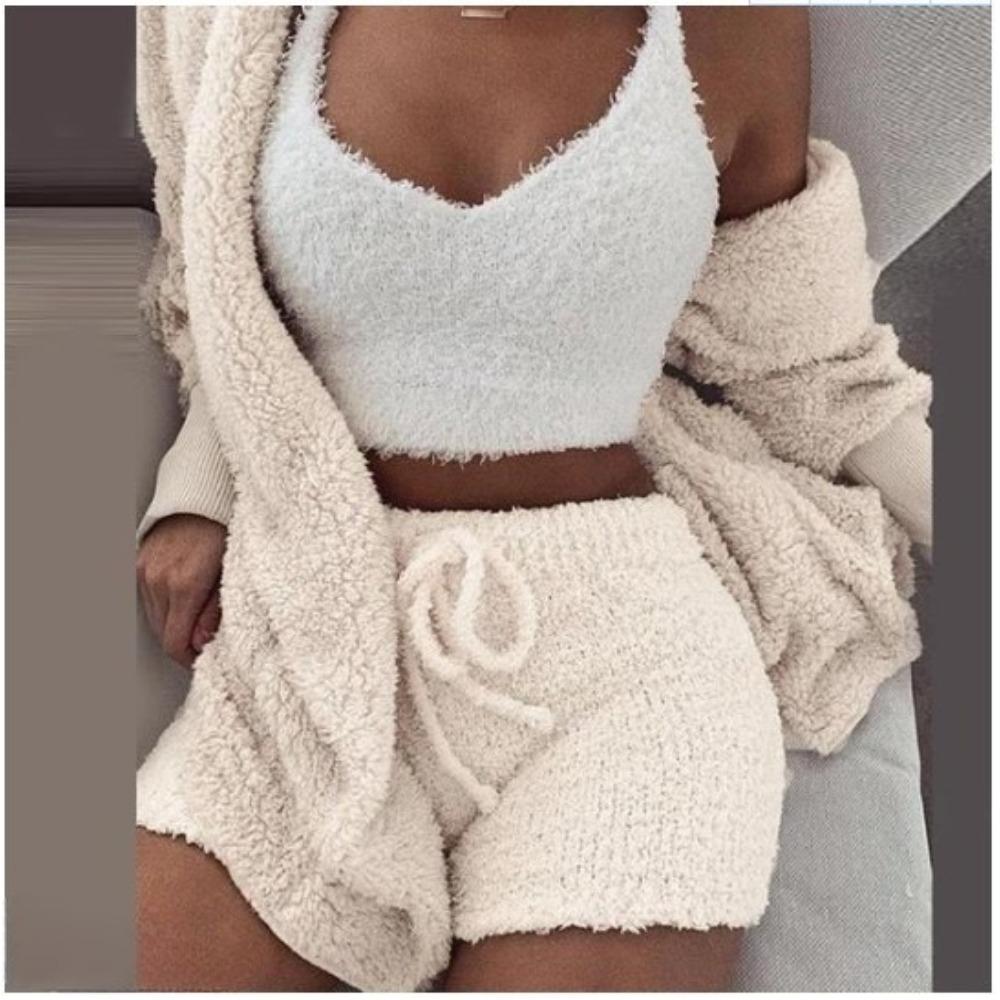 Women's Loose Fit Three Piece Loungewear Long Sleeve Fuzzy Cardigan V Neck Tank Drawstring Waist Shorts Winter Solid Tracksuit