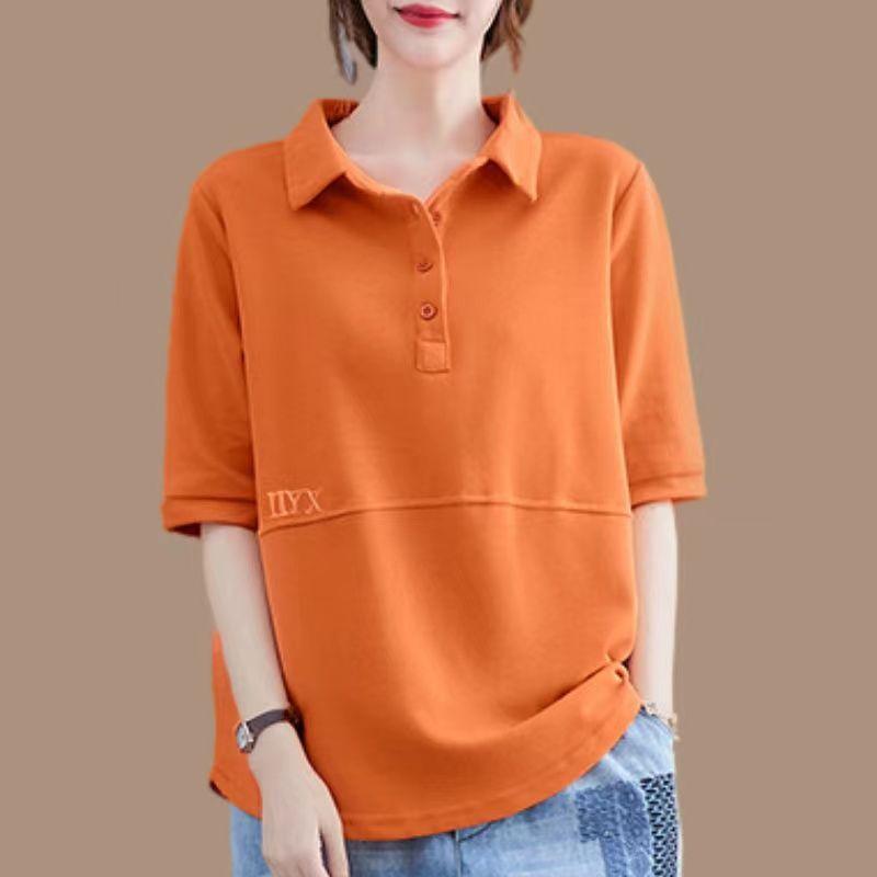 

Женская одежда, летняя простая повседневная уличная одежда, большие футболки с воротником-поло, однотонные топы с короткими рукавами XXXL оранжевый