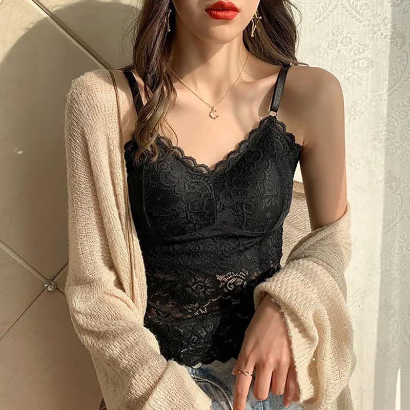 WTEMPO Verstellbarer Schultergurt, kurzes Oberteil, BH mit Brustpolster, Vier-Jahreszeiten-Unterhemd, Weste, lange Spitze, sexy Basisunterwäsche für Damen