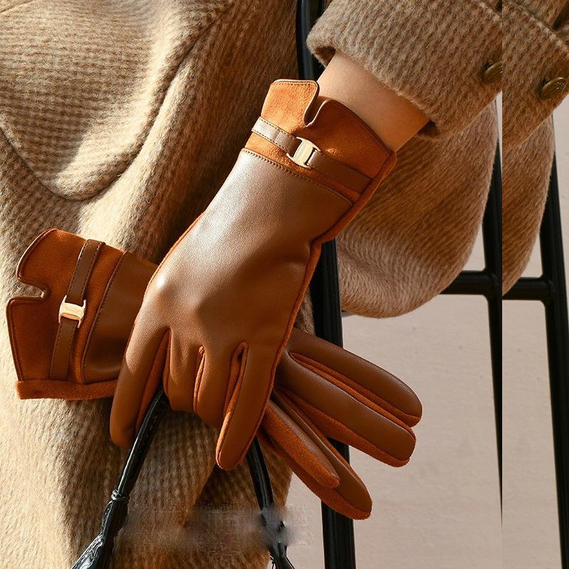 New Leather Gloves Women's Winter Warm Fleece Thickened Touch Screen Winter Driving Finger Gloves