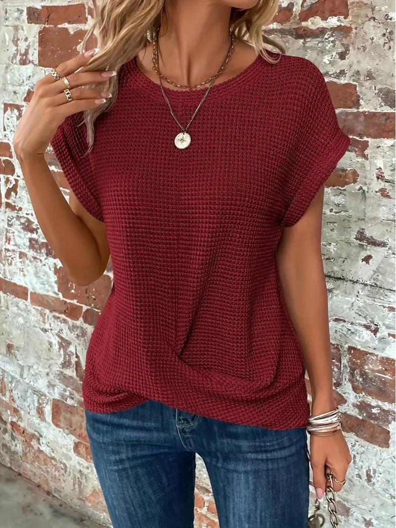 2025 Elegant Women s Solid Color Round Neck Short Sleeve T-shirt with Twisted Hem M
