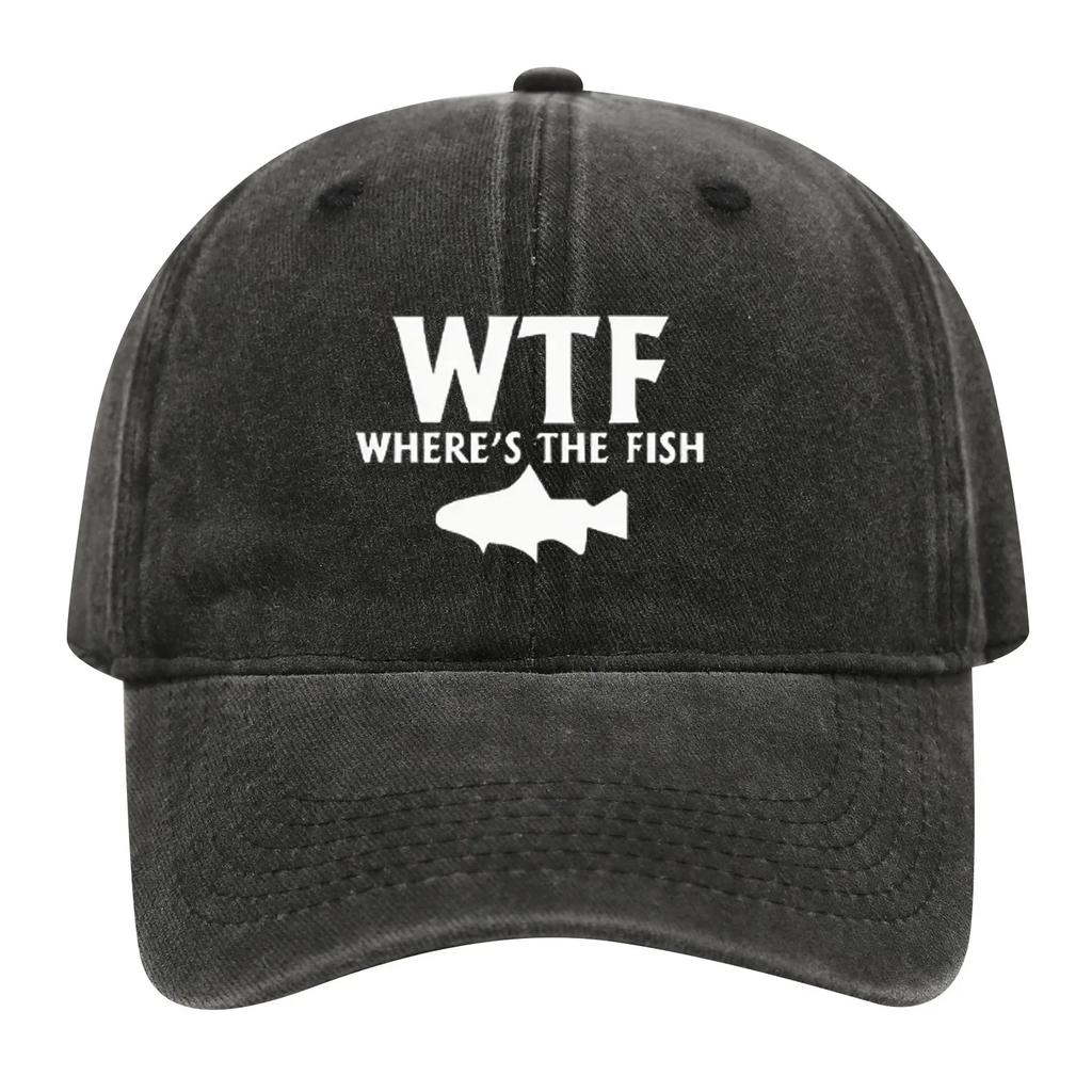 Men Women Casual Simple and Versatile Hats WTF Letter Fish Printed Washed Cotton Baseball Caps for Sun Protection Casual Wear