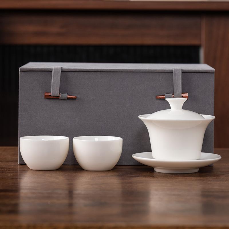 Hover Cover Bowl Suet Jade Porcelain White Porcelain High-end Three Talents Brewing Tea Bowl One Pot Two Cups Gift Box Light Luxury Boutique Tea Set