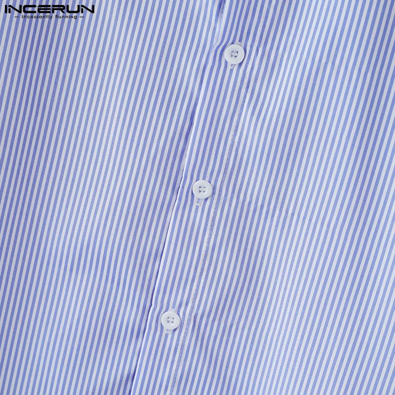 INCERUN Oversized Men Lace Patchwork Lapel Short Sleeve Striped Casual Loose Shirts