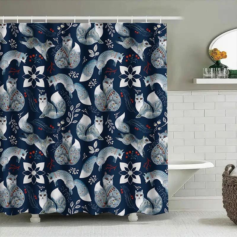 

Animal Print Shower Curtain Waterproof Decorative Fabric Home Bathroom Decoration Waterfall Red White Fox Print Bath Mats For 20 W60H190(CM)-1 Pcs