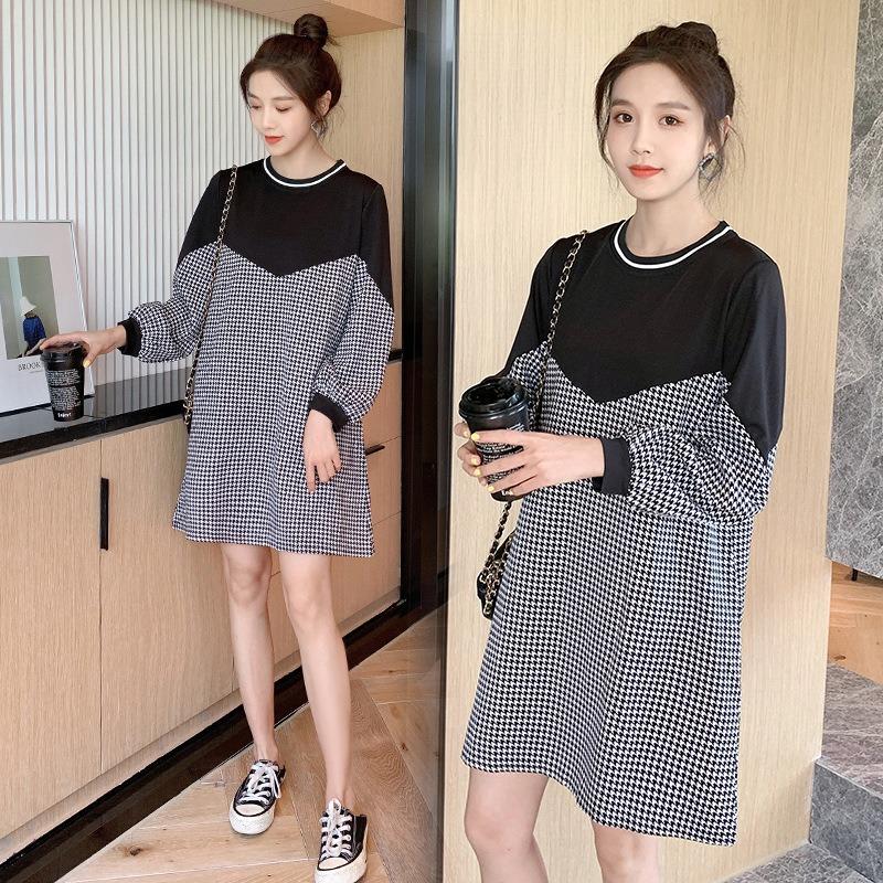 New maternity new autumn and winter clothing thousand bird grid loose top pregnant women spring and autumn medium and long dress