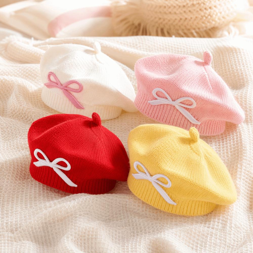 Thick Warm Girls Painter Cap Cotton Toddler Warm Beanie Fashion Bow Knit Headwear  Girl