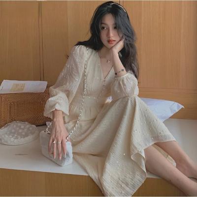 Vintage French Puff Sleeve Midi Dresses for Women Party Korean Sequins Dress Elegant Fairy Wedding Female Clothes Autumn 2024