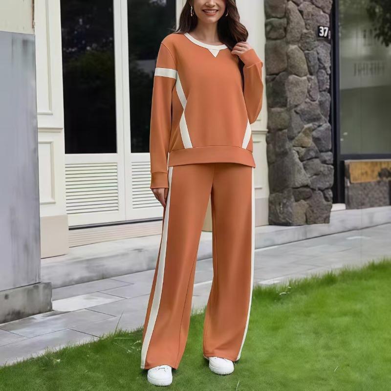 YYFS Women's Fashion Casual Spring Autumn Colour Block Print Long Sleeve O-Neck Trousers Pants Suits