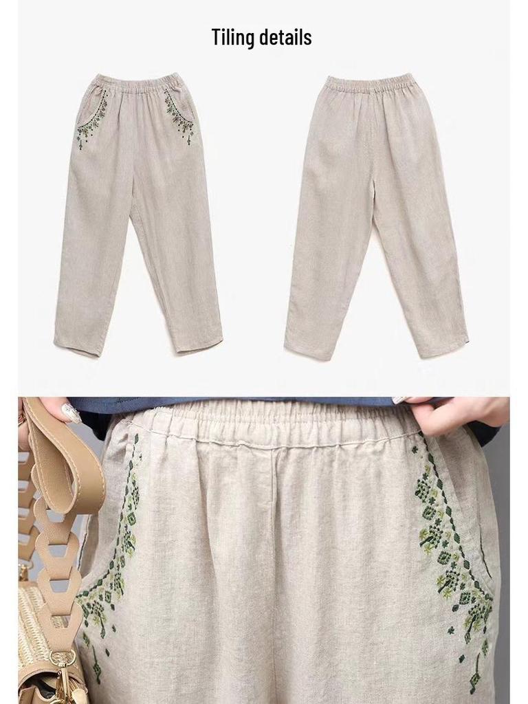Women's Retro Embroidered Cotton-Linen Carrot Pants: 2024 Loose Harem Style for Spring, Summer, and Autumn