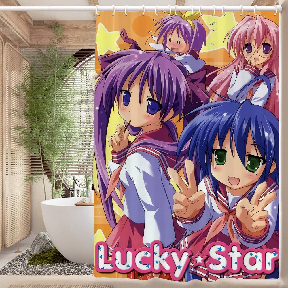 Popular Anime Cute L-Lucky Stars Polyester Shower Curtain Waterproof Rust Resistant Grommet Easy Care Wipe Clean Durable