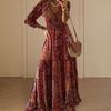 Vestido largo para mujer Estampado vintage Cuello en V profundo Cintura alta Manga tres cuartos Patchwork Dobladillo suelto Estilo bohemio Vestido suave hasta el suelo
