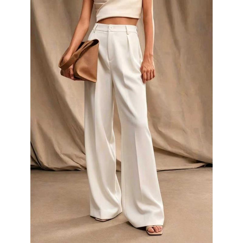 Women Solid Wide Leg Formal Trousers Office Style