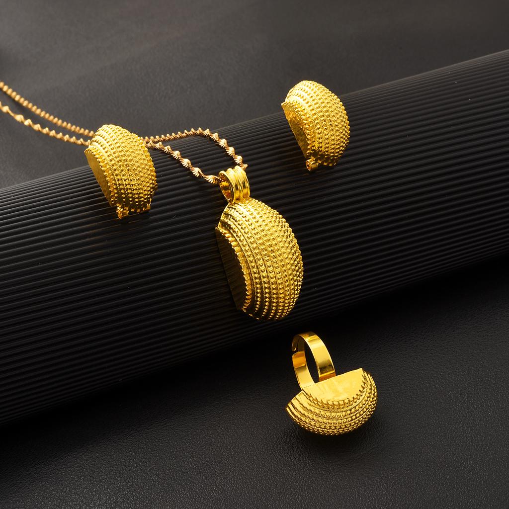 Eritrean Luxury Gold Color Zircon Sets For Women Ethiopian Pendant Earrings Ring Bracelet Africa Dubai Wedding Accessories Gift