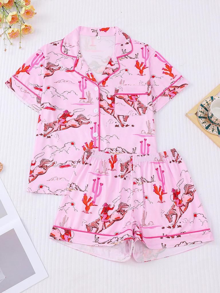 2025 Summer Multi-Color Print Short Sleeve Shorts Homewear Set