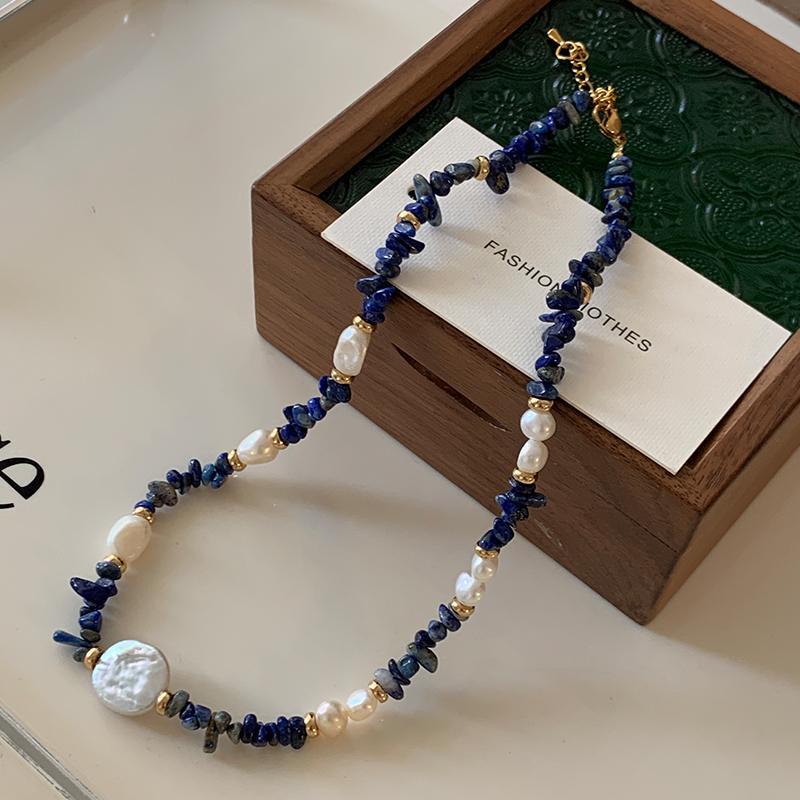 18K Real Gold Copper Chain Exquisite Irregular Natural Stone Lapis Lazuli Freshwater Pearl Beads Beaded Necklace for Women