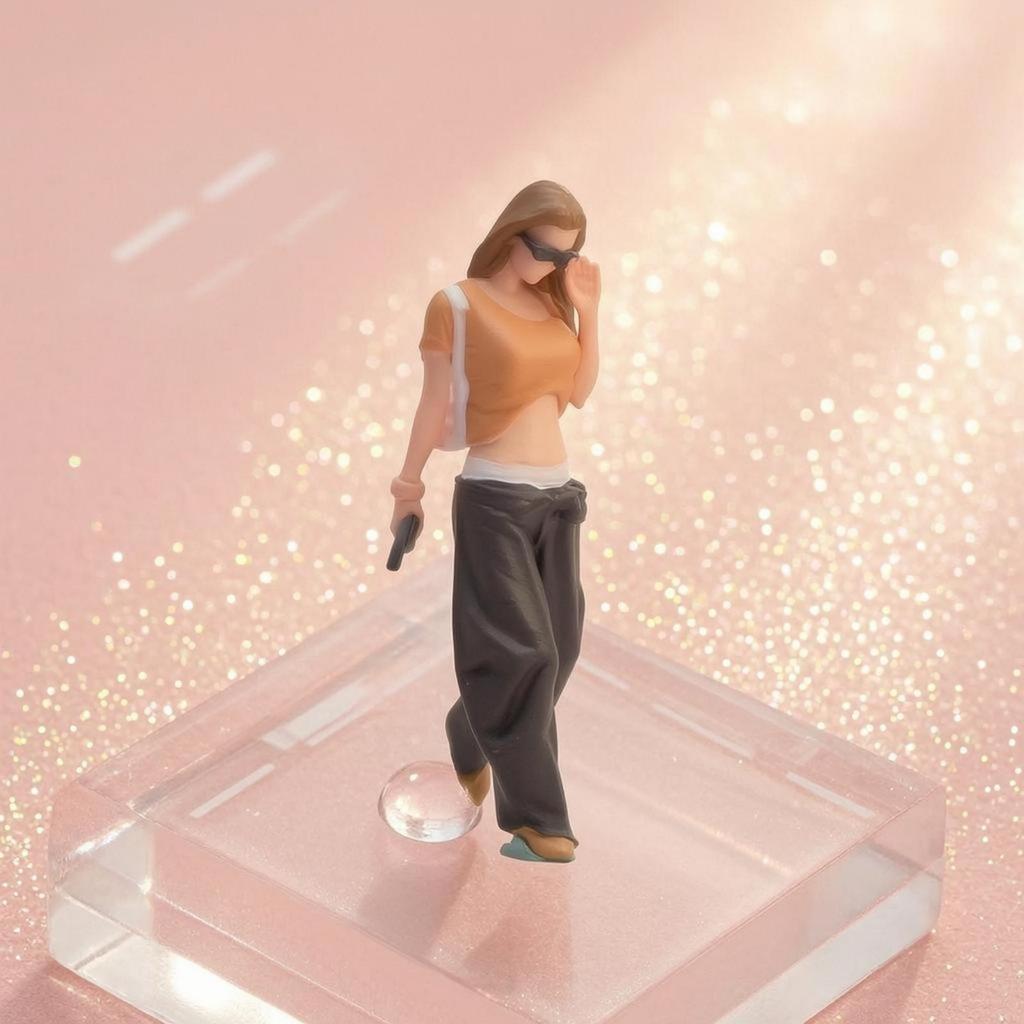 Orange Top Hand-Painted Resin Figurine Sunglasses Walking Woman Phone