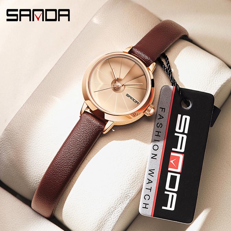 Sanda Women's Waterproof Quartz Wristwatch – Simple Round Dial, Leather & Mesh Strap, Lightweight & Stylish.