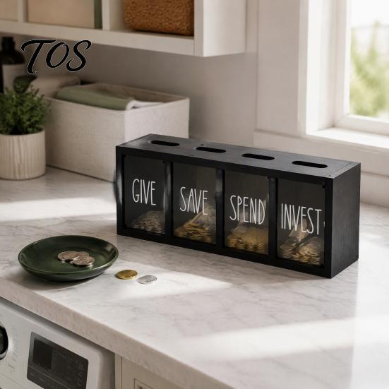 Clear Acrylic Cash Organizer Wooden Piggy Bank with 4 Compartments, Transparent Money Box, Saving Box for Kids Wall Mounting Coin Container Financial