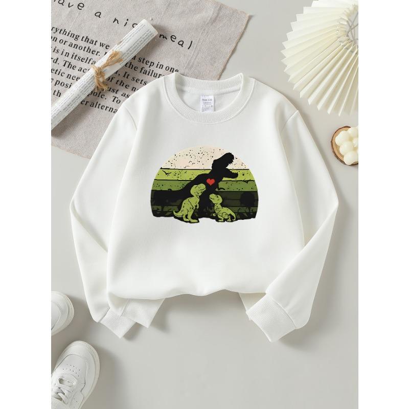 European Sizes Girls' Long-Sleeve Round Neck Sweatshirt "Mamasaurus Rex Dinos" Print, Spring/Autumn, Casual, Daily & Sports.