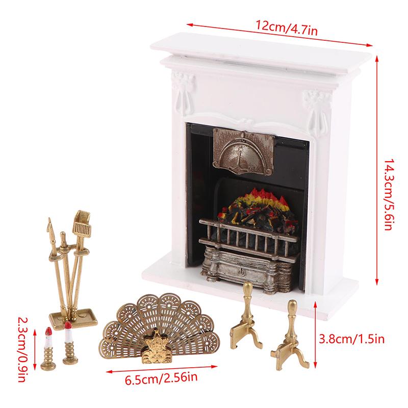 1Impostare1:12 Camino Miniatura per Casa delle Bambole Candelabro con Attrezzo per la Pulizia Copertura Ventola Camino Staffa Scena Arredamento Giocattolo