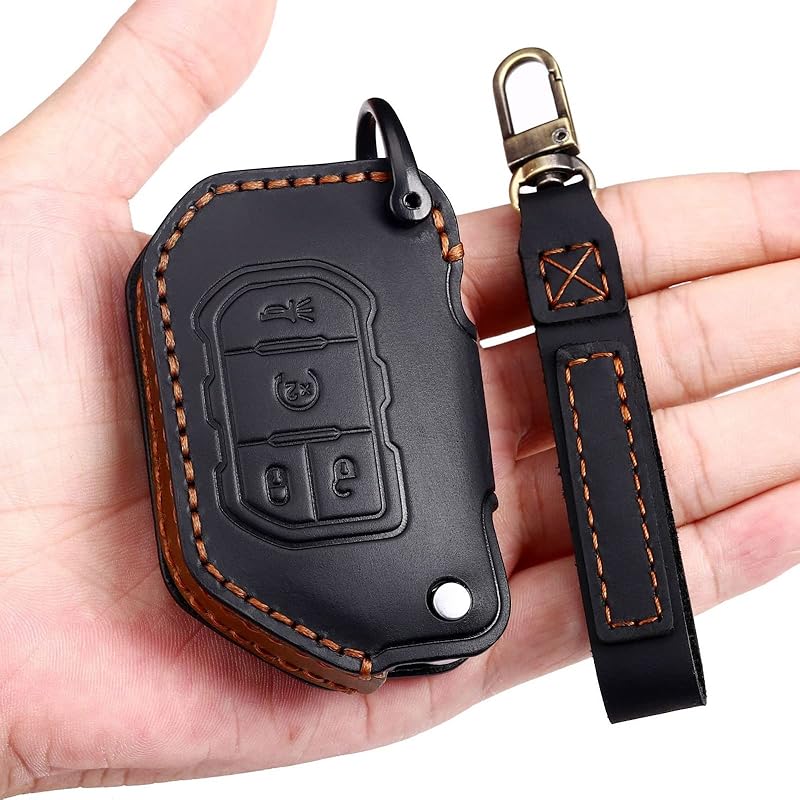 EASYANT Handmade Leather Car Key Fob Cover Compatible with Jeep 2018-2024 Wrangler Gladiator Sahara Rubicon 4 Buttons Black