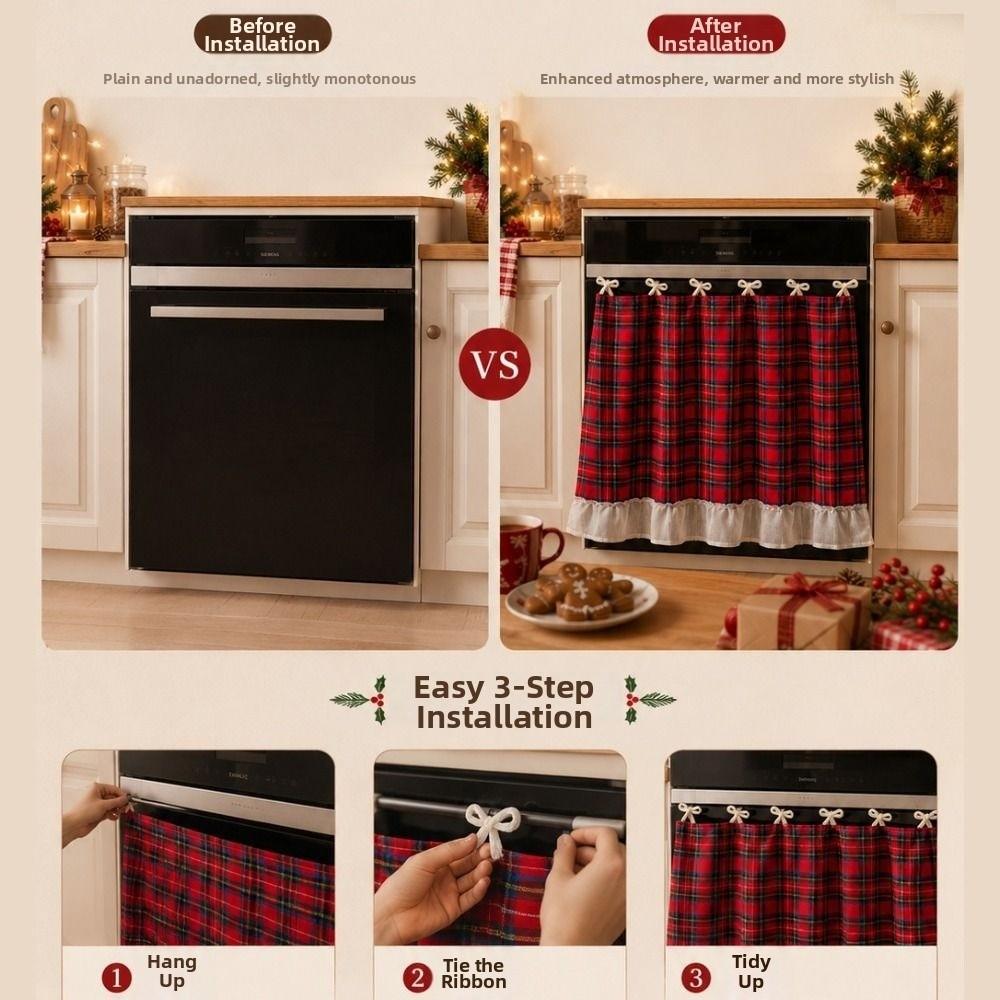 Ruffle Trim Oven Door Curtain Rural Style Plaid Dishwasher Cover Skirt Washable Easy To Install Christmas Oven Skirt