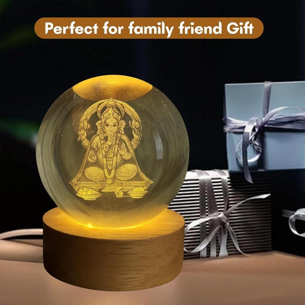 Crystal Ball Night Lamp – Engraved Ganesh Ji LED Light, USB-Powered Table Lamp with Wooden Base, Romantic Home & Office Décor, Bedroom, Anniversary