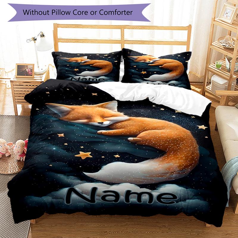 3pcs Custom Name Fox Bedding Set Duvet Cover Closure Includes 1 Duvet Cover & 2 Pillowcases, Soft and Comfortable for All Seasons.
