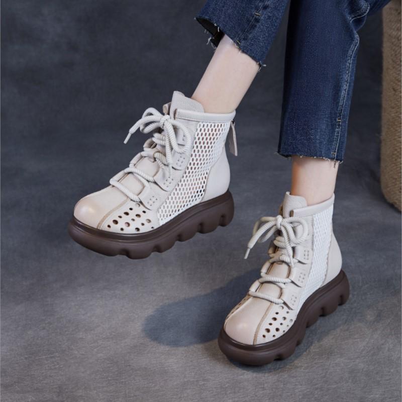 Johnature Genuine Leather Hollow-out Short Boots Mesh Breathable Thick Soled Women's Shoes