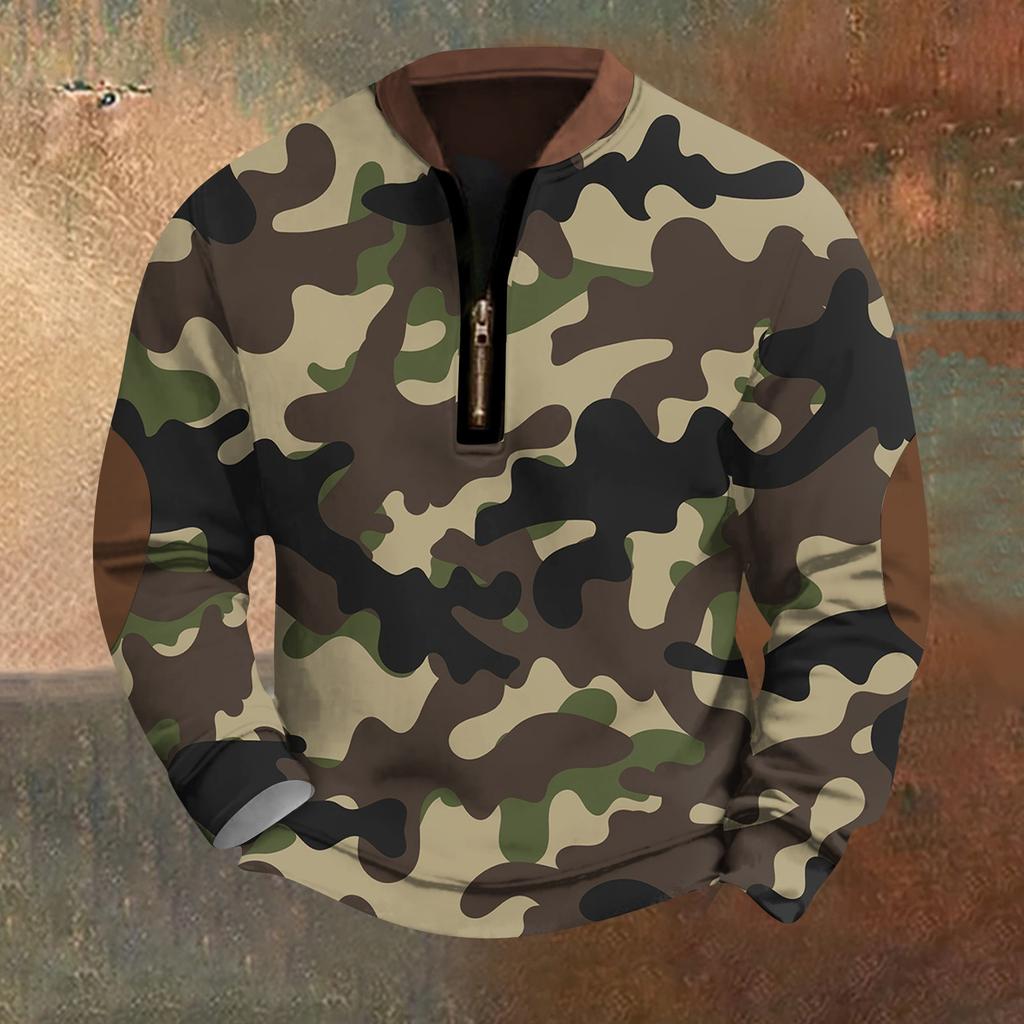 Men's Fashion Casual Half Zip Neck Loose Long Sleeve Camouflage Sweatshirt