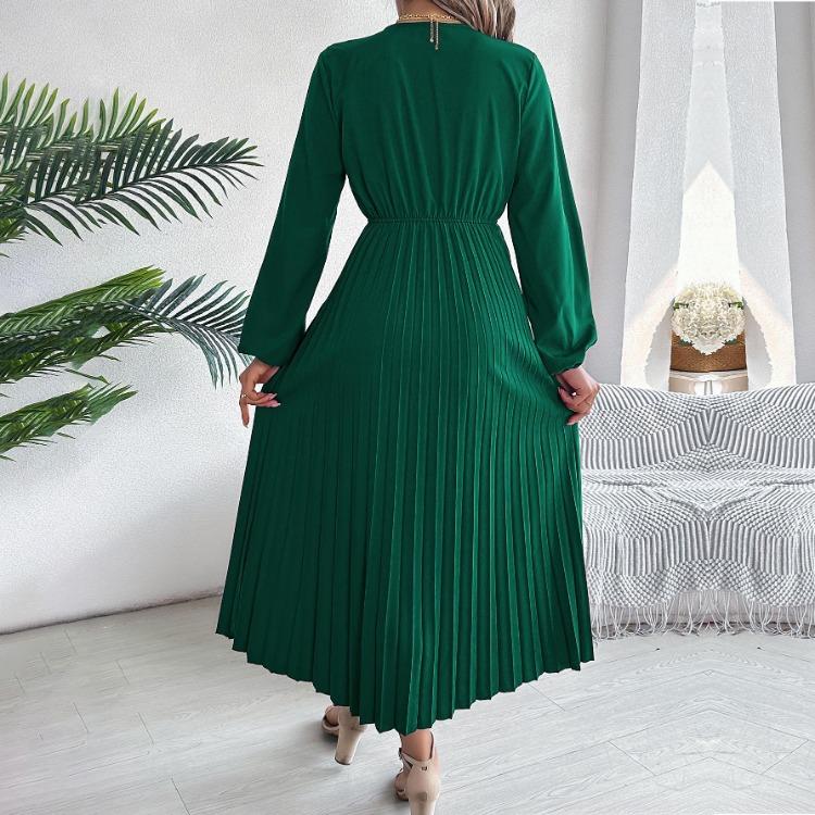 A Line Long Dress Women High Waist Pleated Solid Color V Neck Long Sleeve Spring Summer Fashion